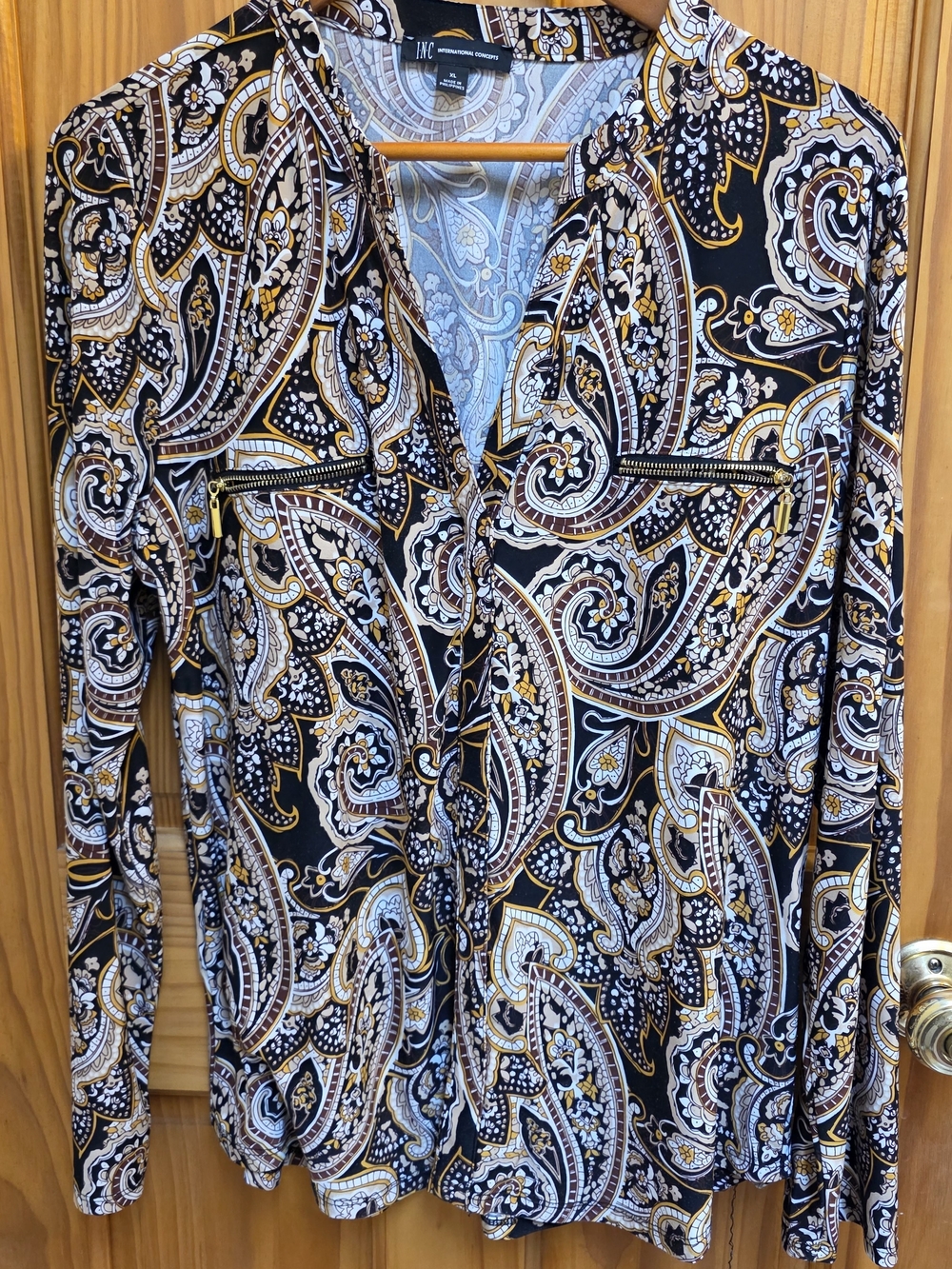 INC International Concepts Black, White & Gold Paisley Zip-Pocket Blouse